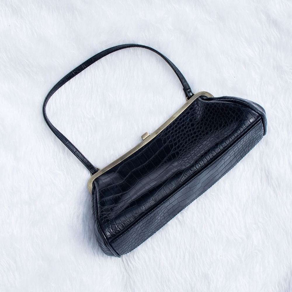 Black Patent Faux Crocodile Leather Handbag